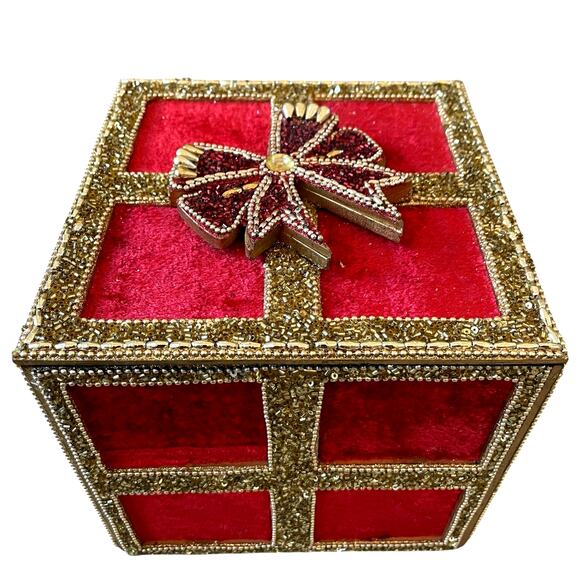 Red Velvet Gold Sequin Christmas Present Gift Box w/ Bow & Lid 7in Holiday Decor - Picture 9 of 15